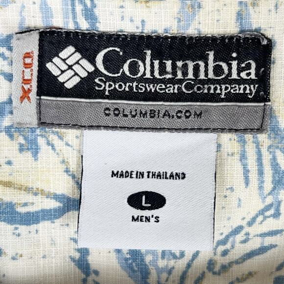 Columbia Shirt Mens Casual Button Down Hawaiian Tropical Print Ivory Blue Large - Picture 3 of 7